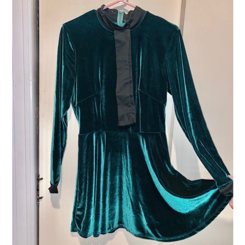 Dark green/teal velvet babydoll dress by Valfré